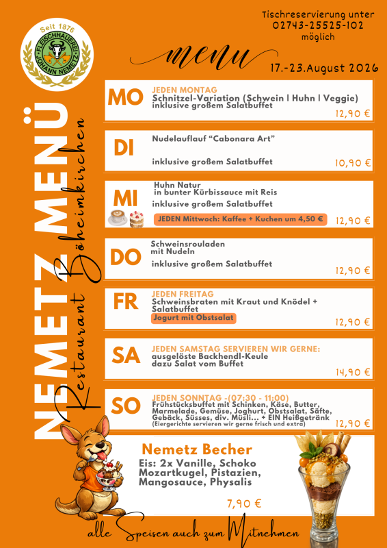Mittagsmen&uuml; 17.08.2026 - 23.08.2026